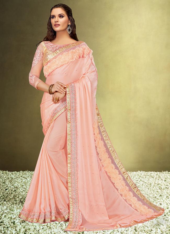 Sattin Silk Pink Wedding Wear Embroidery Work Saree